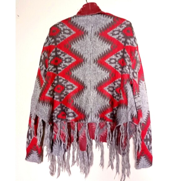 Altar'd State Wrap Sweater Jacket Navajo Southwest Gray Coral Knit Fringed Sz L - Picture 2 of 8